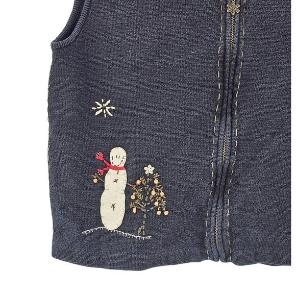 Woolrich Snowman Sweater Vest Black Christmas Appliqué Zip Snowflakes Vintage - Picture 4 of 11